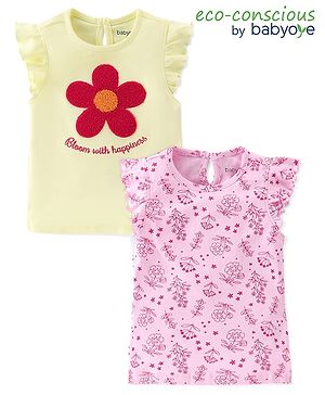 Babyoye Eco Conscious 100% Cotton with Eco Jiva Finish Half Sleeves Tops with Floral Print & Applique Pack of 2 - Pink & Yellow