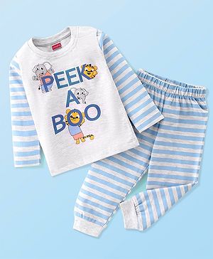 Babyhug Single Jersey Knit Full Sleeves Night Suit Elephant Printed - White & Blue