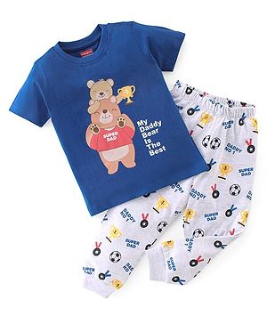 Babyhug Cotton Knit Half Sleeves Night Suit With Teddy Print - Blue & White