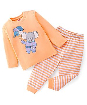 Babyhug Cotton Knit Full Sleeves Night Suit With Elephant Print - Orange