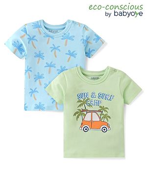 Babyoye 100% Cotton with Eco Jiva Finish Half Sleeves Car & Palm Trees Printed T-Shirts Pack of 2 - Blue & Green