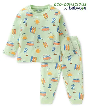 Babyoye 100% Cotton with Eco Jiva Finish Full Sleeves Night Suit With Beach Theme  Print - Green