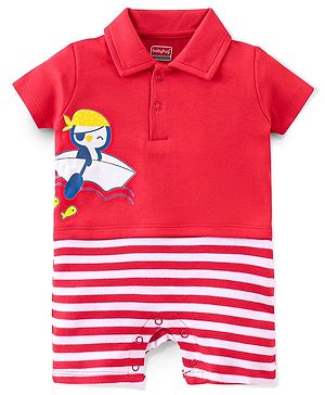 Babyhug 100% Cotton Half Sleeves Romper With Penguin Print - Red