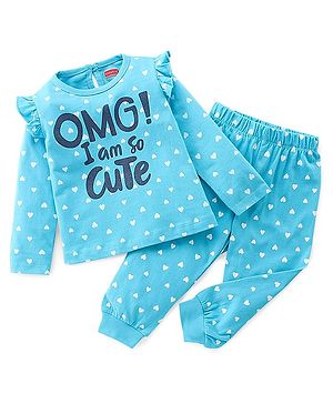 Babyhug Single Jersey Knit Full Sleeves Night Suit Hearts Printed - Blue