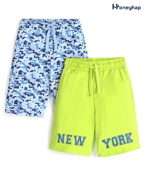 Honeyhap Premium  100%  Cotton Jersey Knit  With Bio Finish Printed Bermudas Pack of 2 - Open Air & Lime Punch
