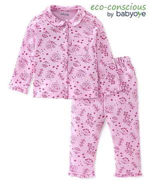 Babyoye Eco Conscious 100% Cotton with Eco Jiva Finish Full Sleeves Night Suit Floral Print - Pink
