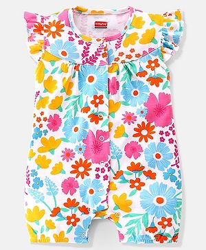 Babyhug 100% Cotton Sleeveless Romper With Floral Print - White Pink & Blue