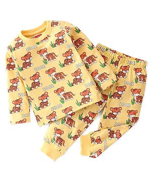 Babyhug Single Jersey Full Sleeves Night Suit Tiger Print - Yellow