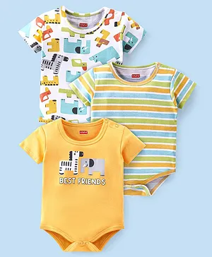 Babyhug 100% Cotton Interlock Knit Half Sleeves Onesies Stripes & Elephant Print Pack Of 3 - Multicolor