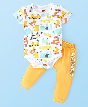 Babyhug 100% Cotton Interlock Knit Half Sleeves Onesies with Leggings Animal Print- Yellow & White