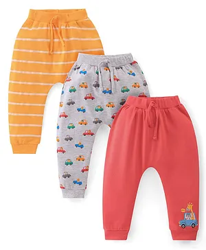 Babyhug Interlock Cotton Knit Full Length Stripes & Cars Print Diaper Pants Pack of 3 - Multicolour