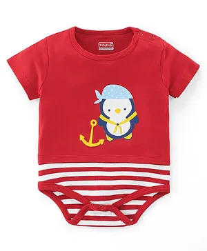 Babyhug 100% Cotton Knit Half Sleeves Onesie with Penguin Print - Red