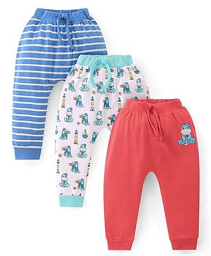 Babyhug Interlock Cotton Knit Full Length Stripes & Dino Print Diaper Pants Pack of 3 - Multicolour