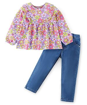 Babyhug 100% Cotton Knit Floral Printed Full Sleeves Top & Full Length Jeans - Purple & Blue
