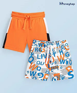 Honeyhap Premium  100% Cotton Knit  Shorts  Solid & Text Print Pack of 2  -  Orange Peel & Beach Ball