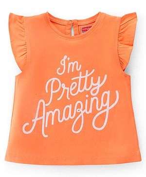 Babyhug 100% Cotton Knit Frill Sleeves Top Text Glitter Print - Orange