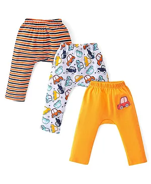 Babyhug Cotton Knit Full Length Diaper Pants Stripes & Car Print Pack of 3 - Multicolor