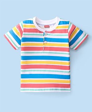 Babyhug 100% Cotton Knit Henley Neck Half Sleeves Striped T-Shirt- Multicolor