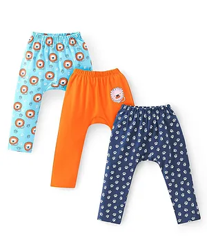 Babyhug Interlock Cotton Knit Full Length Diaper Pants Lion Print Pack of 3 - Multicolor