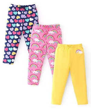 Babyhug Cotton Lycra Knit Full Length Leggings With Strech Heart Print Pack of 3 - Multicolor