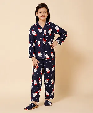 Piccolo Christmas Theme Wool Blended Full Sleeves All Over Santa & Snowflakes Printed Night Suit With Slip Ons - Navy Blue