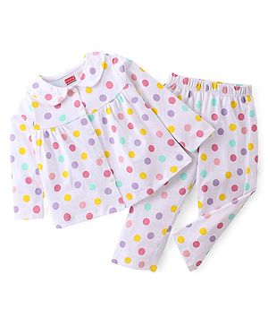 Babyhug Single Jersey Knit Full Sleeves Front Open Pyjama Set Polka Dots Printed - White