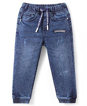 Babyhug Full Length Text Patch Stretchable Joggers - Dark Blue