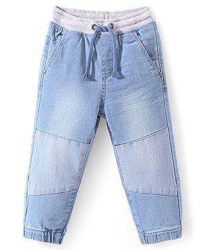 Babyhug Denim Full Length Cut & Sew Washed Stretchable Joggers - Blue