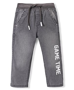 Babyhug Denim Washed Full Length Jeans With Stretch Text Print -Grey