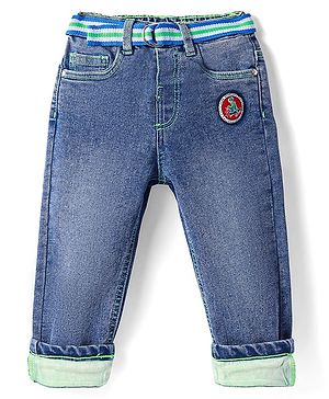 Babyhug Denim Full Length Washed Jeans with Stretch & Patch Detailing -  Blue