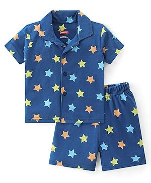 Babyhug Cotton Knit Single Jersey Half Sleeves Night Suit With Star Print - Navy Blue