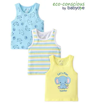 Babyoye 100% Cotton With Antibacterial Finish Sleeveless Vests Elephant Prints Pack of 3- Blue & Yellow