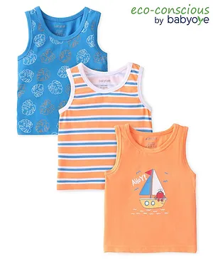 Babyoye 100% Cotton With Antibacterial Finish Sleeveless Vests Boat Print Pack of 3- Blue & Orange