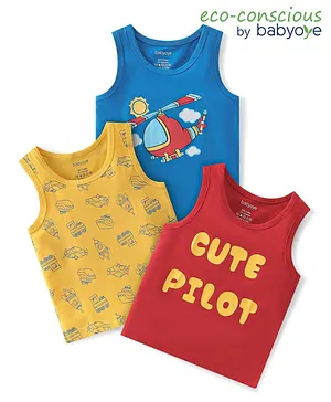 Babyoye 100% Cotton Knit Sleeveless With Anti Bacterial Finish Helicopter Print Vests Pack of 3 -Multicolor