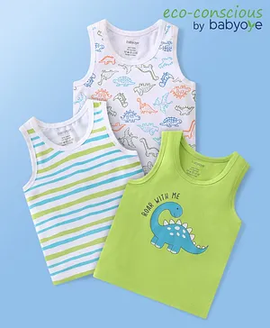 Babyoye 100% Cotton Knit Sleeveless With Anti Bacterial Finish Striped & Dino Print Vests Pack of 3 -Multicolor