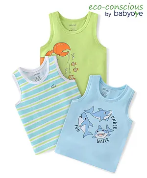 Babyoye 100% Cotton Knit Sleeveless With Anti Bacterial Finish Striped & Fish Print Vests Pack of 3 -Multicolor