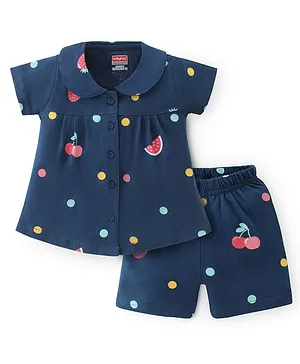 Babyhug Single Jersey Knit Half Sleeves Front Open Short Set Polka Dot Print  - Navy Blue
