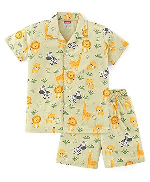 Babyhug Single Jersey Knit Half Sleeves Night Suit With Wild Animal Print - Green