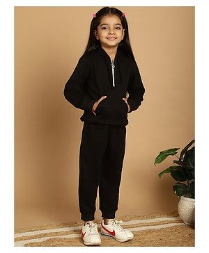 Mini & Ming Full Sleeves Solid Half Zipper Hooded Sweatshirt & Joggers Set - Black