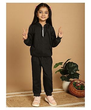 Mini & Ming Full Sleeves Solid Half Zipper Hooded Sweatshirt & Joggers Set - Charcoal Grey