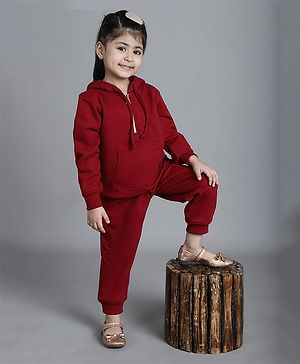 Mini & Ming Full Sleeves Solid Half Zipper Hooded Sweatshirt & Joggers Set - Maroon