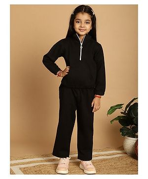 Mini & Ming Full Sleeves Solid Half Zipper High Neck Sweatshirt & Trousers Set - Black