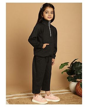 Mini & Ming Full Sleeves Solid Half Zipper High Neck Sweatshirt & Trousers Set - Charcoal Grey