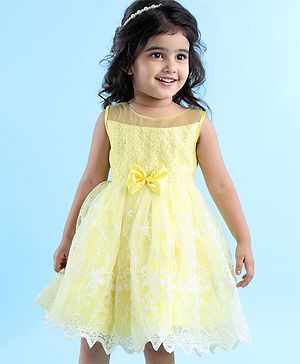 Babyhug Sleeveless Party Wear Embroidered Frock with Bow Applique - Yellow
