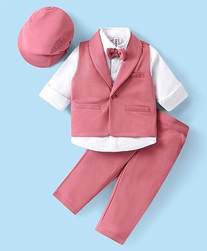 Babyhug Knit Full Sleeves Solid Color Party Suit with Stretch Waistcoat & Cap - White & Pink