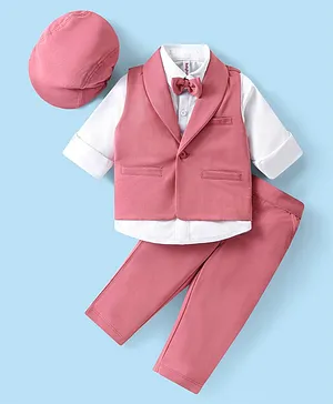 Babyhug Woven Full Sleeves Solid Color Party Suit with Stretch Waistcoat & Cap - White & Pink