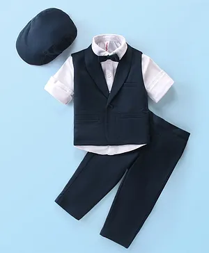 Babyhug Woven Full Sleeves Solid Color Party Suit with Stretch Waistcoat & Cap - Navy Blue & White