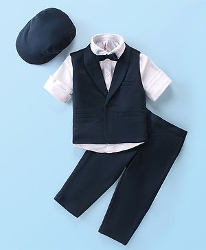 Babyhug Knit Full Sleeves Solid Color Party Suit with Stretch Waistcoat & Cap - Navy Blue & White