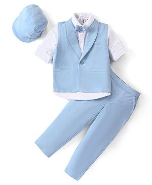 Babyhug Knit Full Sleeves Solid Color Party Suit with Stretch Waistcoat & Cap - White & Sky Blue