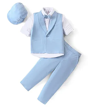 Babyhug Woven Full Sleeves Solid Color Party Suit with Stretch Waistcoat & Cap - White & Sky Blue
